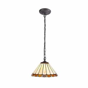 Tiff-19 1 Light Downlighter Pendant E27 With 30cm Tiffany Shade, Amber/Cream/Crystal/Aged Antique Brass