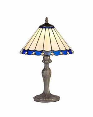 Tiff-19 1 Light Curved Table Lamp E27 With 30cm Tiffany Shade, Blue/Cream/Crystal/Aged Antique Brass