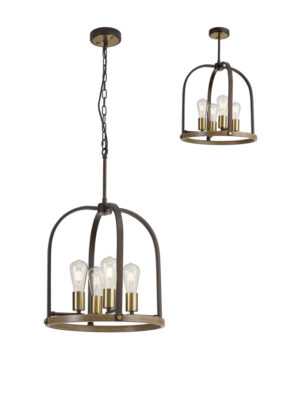 Chase Pendant 4 Light E27, Antique Bronze / Brown Oxide / Wood