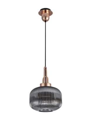 Luxora 1 Light Pendant E27 With 30cm Pumpkin Shaped Ribbed Glass, Smoked Copper/Matt Black