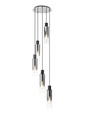Reece Slim Round Pendant, 5 Light Adjustable E27, Black/Smoke Fade Glass