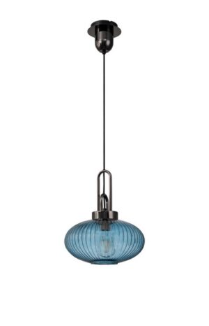 Luxora 1 Light E27 Pendant With 30cm Oval Sphere Ribbed Glass, Black Chrome / Petrol Blue / Matt Black