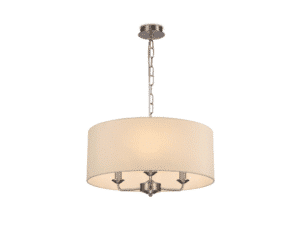 Banyan 3 Light Multi Arm Pendant, c/w 1.5m Chain, E14 Satin Nickel c/w 500mm Faux Silk Shade, Ivory Pearl/White Laminate