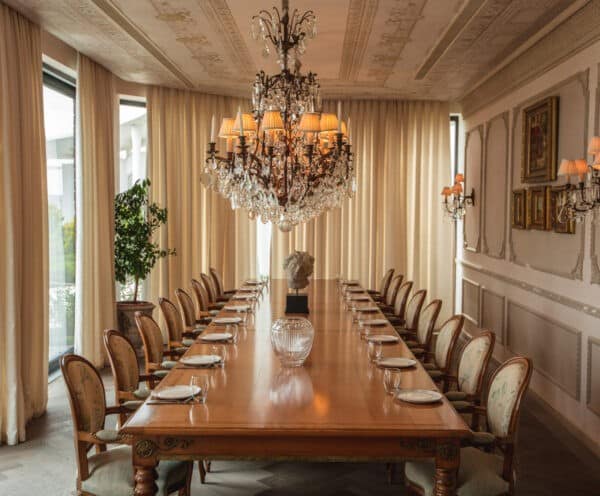 Chandelier over dining table