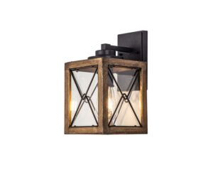 Manor Small Wall Lamp, 1 x E27, Wood Effect & Black/Clear Glass, IP54, 2yrs Warranty