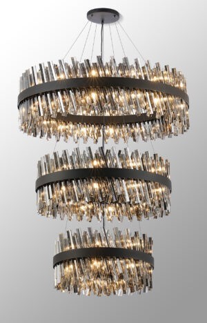 Estelle 3 Tier 60cm + 80cm + 1m Pendant, 18 + 24 + 32 Light G9, Satin Black/Smoke Item Weight: 70kg