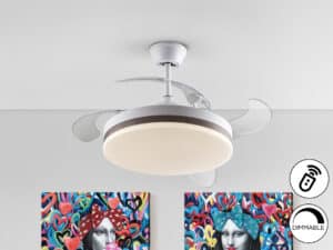 white and bronze ceiling fin installed on a ceiling with two colour pop pictures in the background