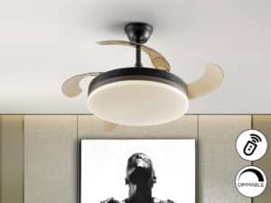 balck ceiling fan shown installed onto a ceiling with a picture in the background