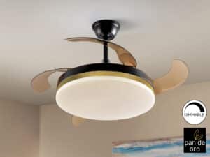 black and gold ceiling fan seen displayed in a room on a white ceiling