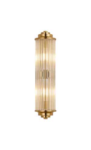 Gold and glass long bathroom wall light on a white background