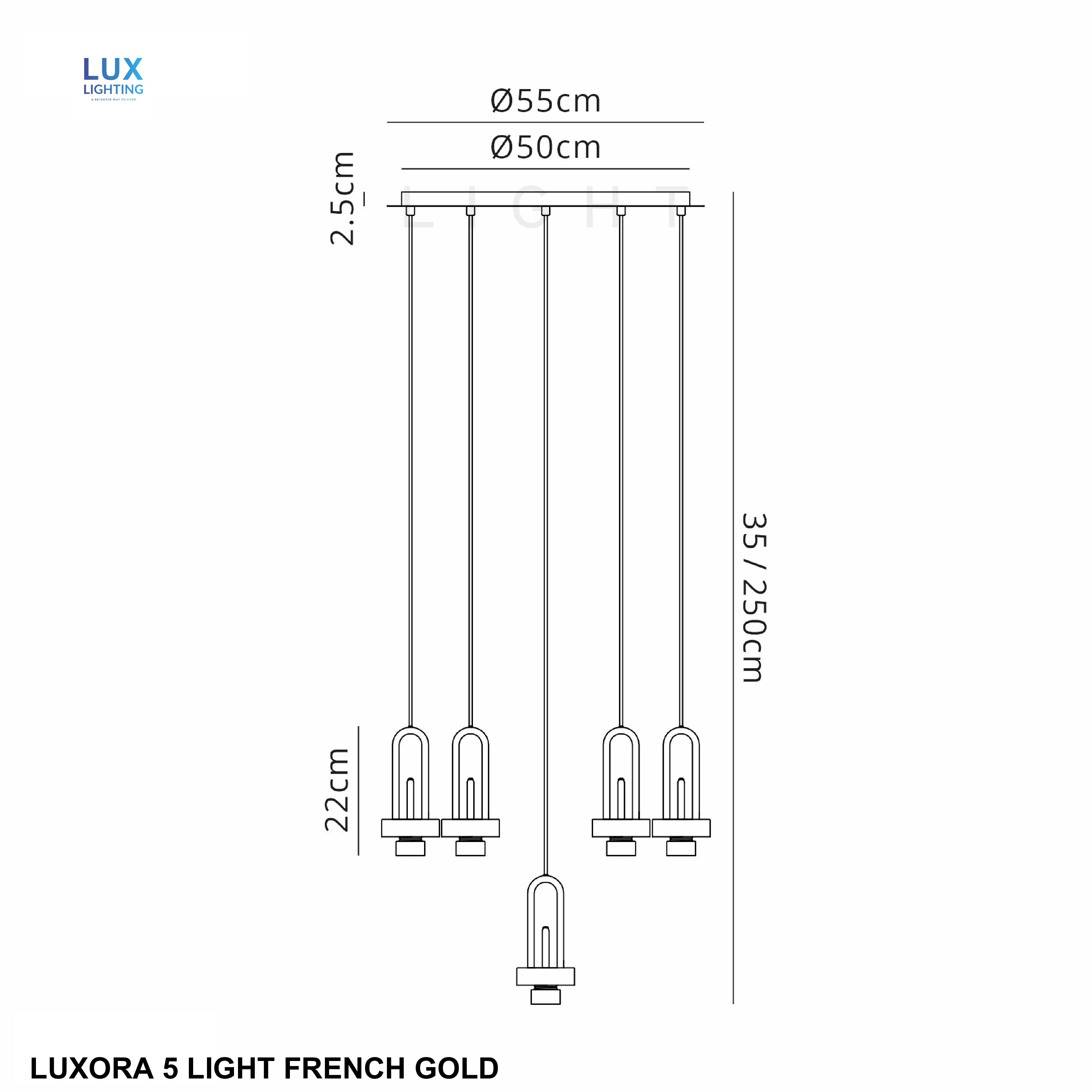 Luxora 2.5m Round Suspension Kit, 5 x E27, French Gold With 30cm ChampagnePumpkin Shaped Ribbed Shades