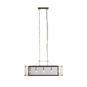 5 light pendant shown in black and brass