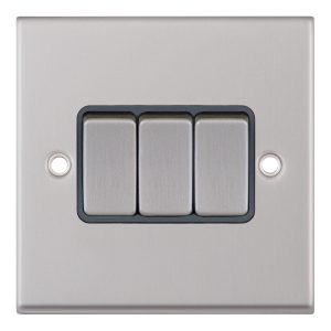 10 Amp Plate Switch – 3 Gang 2 Way Chrome W/Grey Inserts