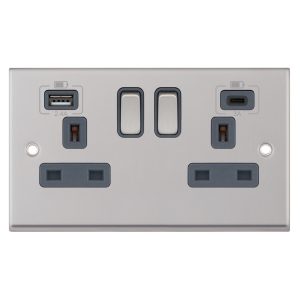 13 Amp Socket Outlet 2 Gang Switched + 2 Earth Terminals, 1 x USB Type A & 1 x USB Type C (2.4A / 3A)