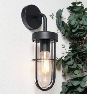 Woking Outdoor Industrial Style Caged Wall Light, Black