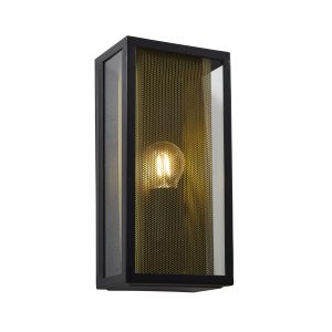 Cuba Outdoor Box Lantern Wall Light with Brass Mesh Insert - Black