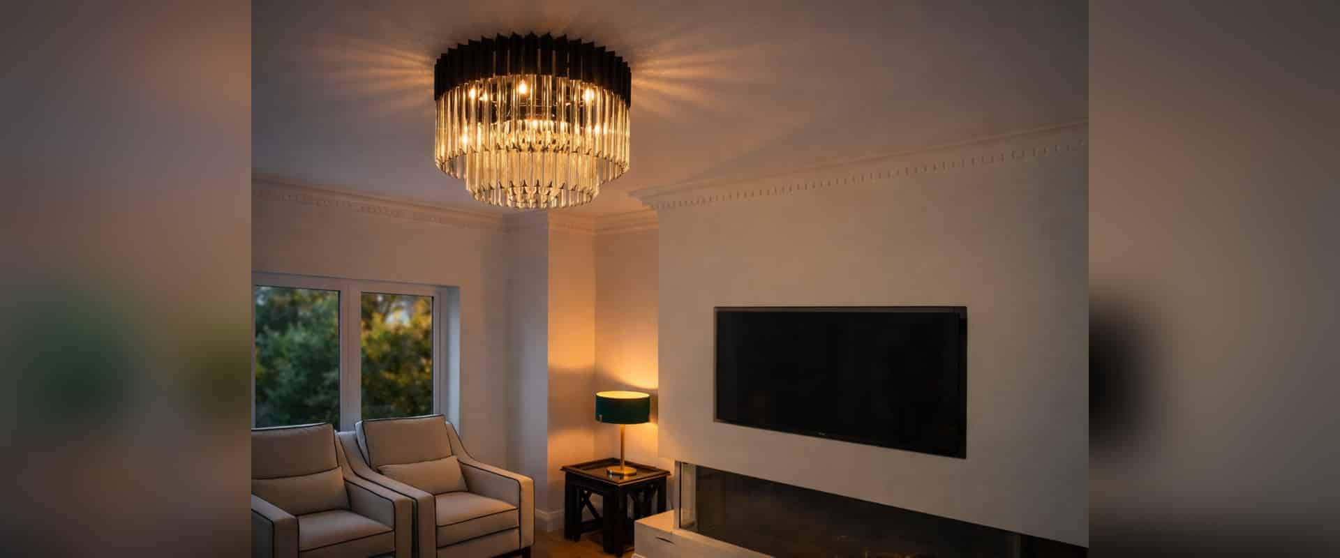 Modern chandelier in a living room setting, warm ambient ceiling lighting – Lux Lighting Ireland