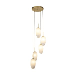 Rocky 5Lt Multi Drop  Pendant, Satin Brass Metal  & Glass
