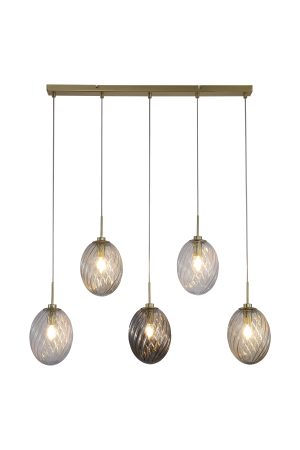 Whirl 5Lt Bar Pendant, Satin Brass Metal,Multi Coloured Glas