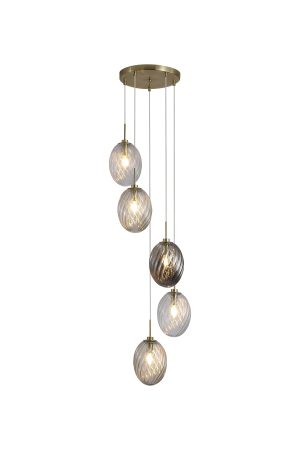 Whirl 5Lt Multi Drop Pendant, Satin Brass Metal, Coloured Gl