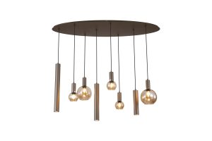 Lyon 8Lt Pendant, Latte Metal and Amber Glass