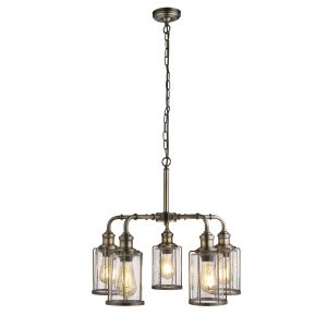 Pipes 5Lt Pendant - Antique Brass Metal & Seeded Glass