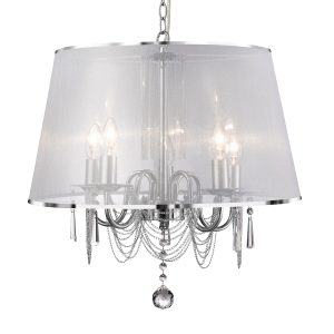 Venetian 5Lt Pendant - Chrome, Voile Shade & Crystal Glass