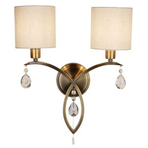 Alberto 2Lt Wall Light- Antique Brass, Crystal & Linen Shade