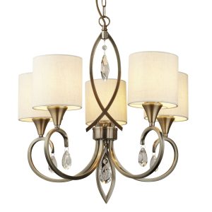 Alberto 5Lt Pendant - Antique Brass, Crystal & Linen Shade