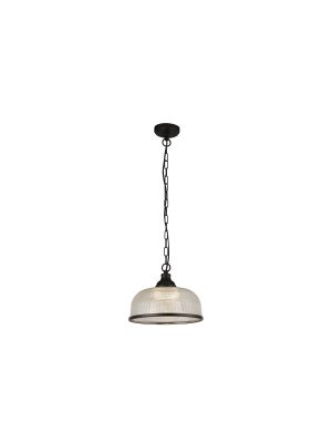 Highworth Pendant - Matt Black Metal & Holophane Style Glass