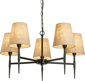 Gothic 5Lt Pendant - Hammered Black Metal & Natural Linen