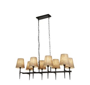 Gothic 8Lt Bar Pendant- Hammered Black Metal & Natural Linen