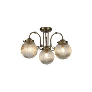 Belvue 3Lt Flush - Antique Brass Metal & Clear Glass