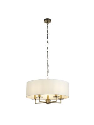 Knightsbridge 5Lt Pendant- Antique Brass & White Linen Shade