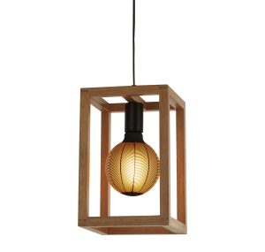 Square Pendant - Natural Wood & Black Metal