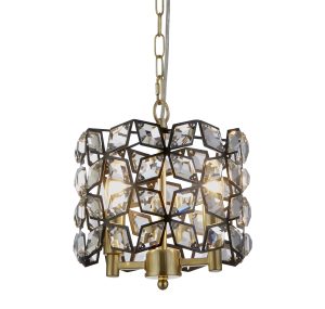 Iris 2Lt 25cm Round Pendant- Black Metal, Crystal & Brass