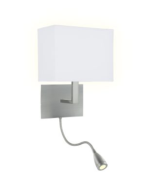 Hotel Wall Light with LED Reading Light - Satin Silver Metal
