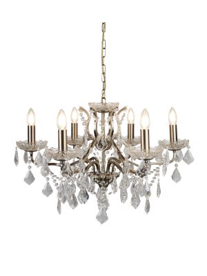 Paris  6Lt Chandelier - Antique Brass Metal & Clear Crystal