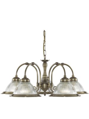 American Diner 5Lt Pendant - Antique Brass & Ribbed Glass