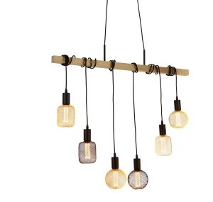 Woody 6Lt Bar Pendant - Natural Wood & Black Metal