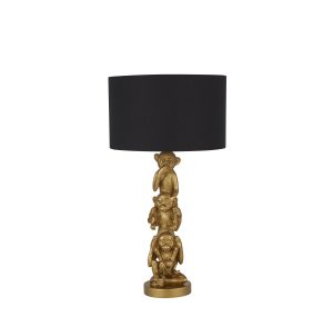 3 Wise Monkeys Table Lamp - Gold Resin & Black Fabric Shade