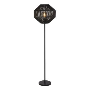 Wicker Floor Lamp - Matt Black Metal & Black Rope Shade