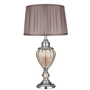 Greyson Table Lamp - Chrome, Amber Glass & Brown Shade