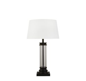 Pedestal Table Lamp- Black Metal, Glass & White Fabric Shade